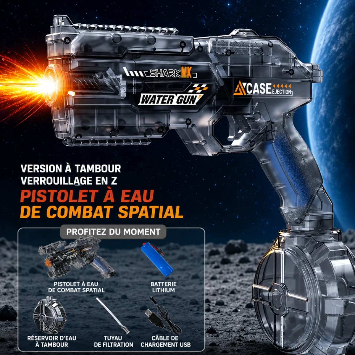 Pistolet à eau électrique Combat Spatial noir transparent à réservoir tambour, sur fond spatial